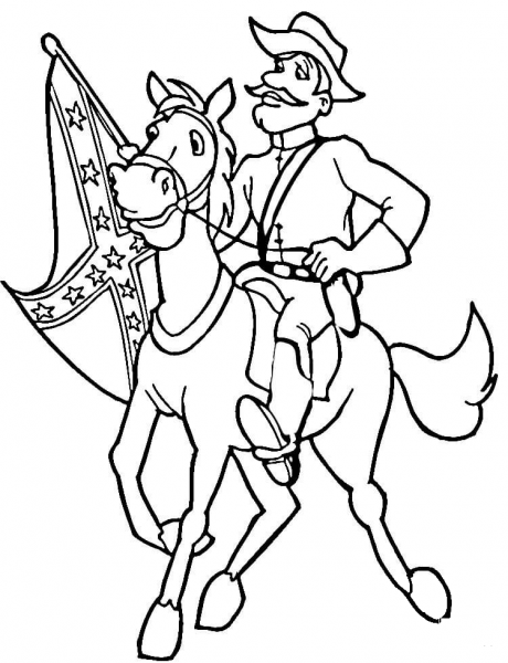 Confederate soldier with flag coloring page image