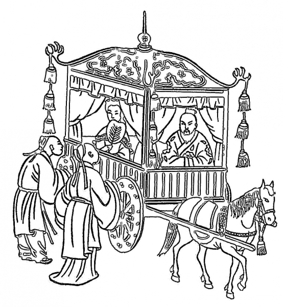Confucius in a horse-drawn coach coloring page image