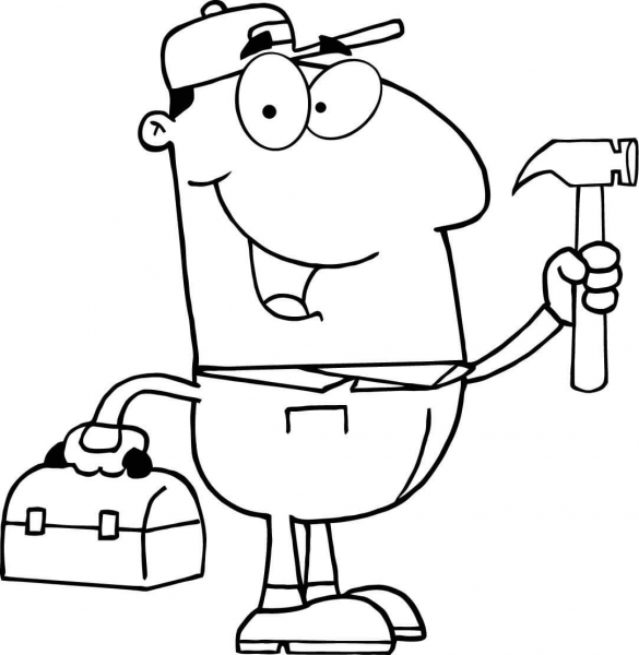 Construction Worker with Hammer and Tool Box coloring page image