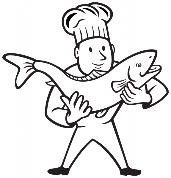 Cook Holding Trout Fish coloring page image