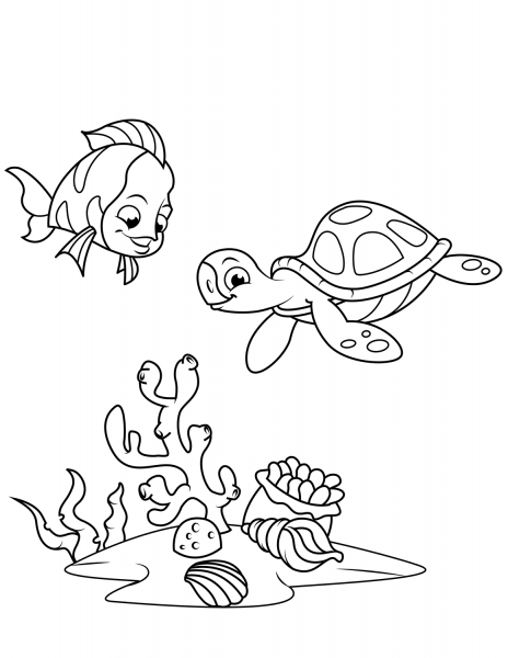 Coral Reef Fish and Sea Turtle coloring page image