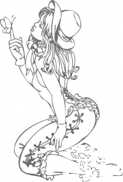 Country Western Girl with a Butterfly on Her Finger coloring page image