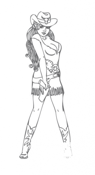 Country Western Woman Wearing a Cowgirl Hat and Boots coloring page image