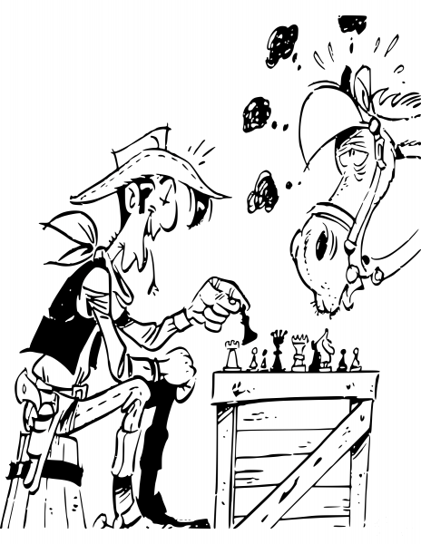Cowboy and Horse Playing Chess coloring page image