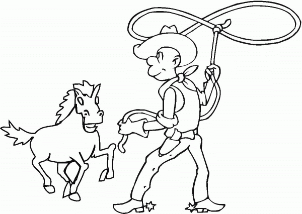 Cowboy catching the horse with lasso coloring page image