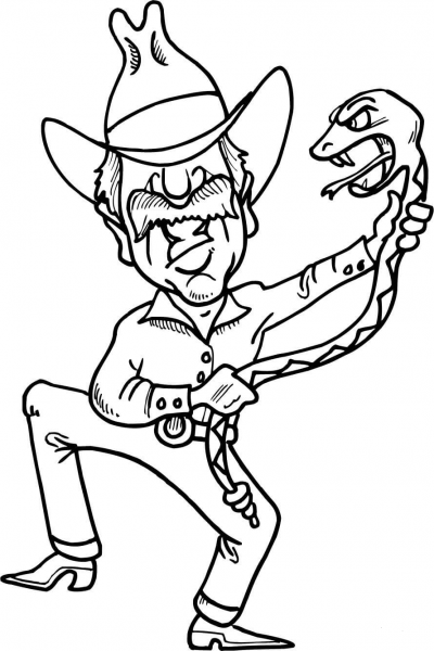 Cowboy Fighting a Snake coloring page image