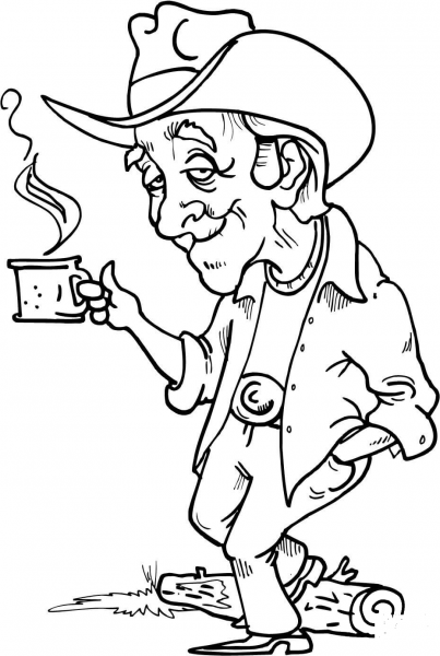 Cowboy Having a Hot Cup of Coffee coloring page image