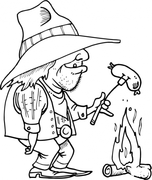 Cowboy is Grilling a Sausage coloring page image
