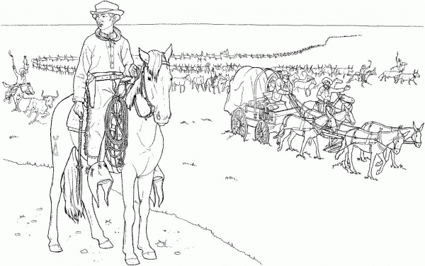 Cowboy Jobs Cattle Drive coloring page image