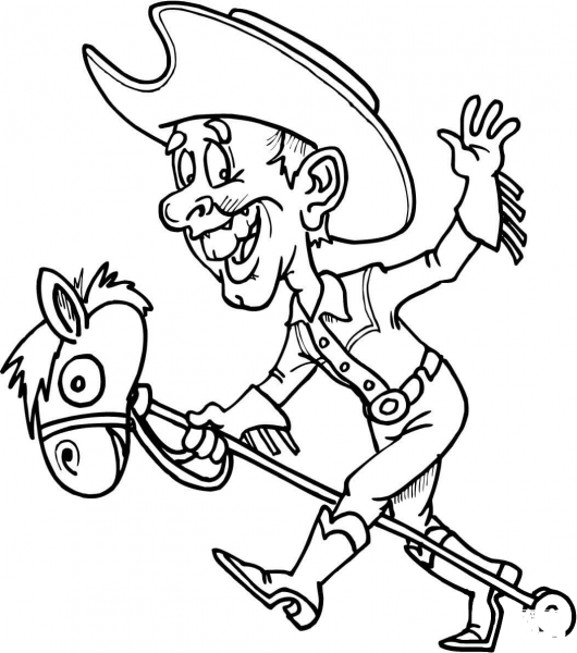 Cowboy on a Toy Horse coloring page image