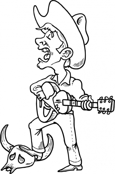 Cowboy Singing and Playing Guitar coloring page image