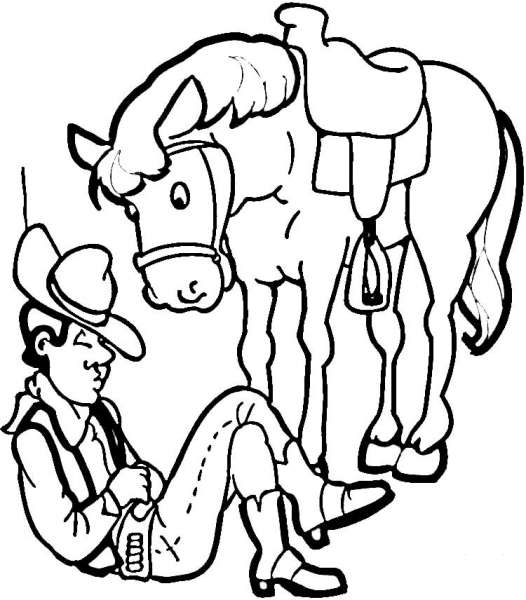 Cowboy With His Horse  coloring page image