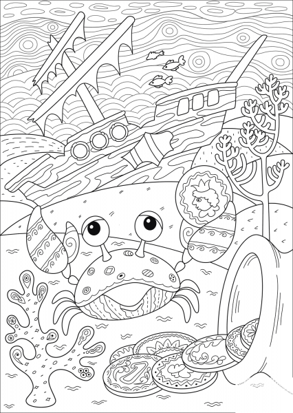 Crab Found Treasure near Sunken Ship coloring page image