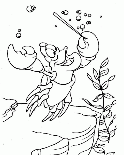 Crab Sebastian is singing a song  coloring page image