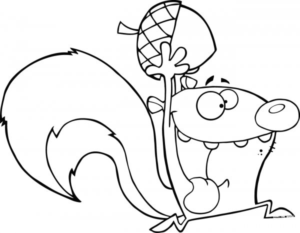 Crazy Cartoon Squirrel Running with Acorn coloring page image