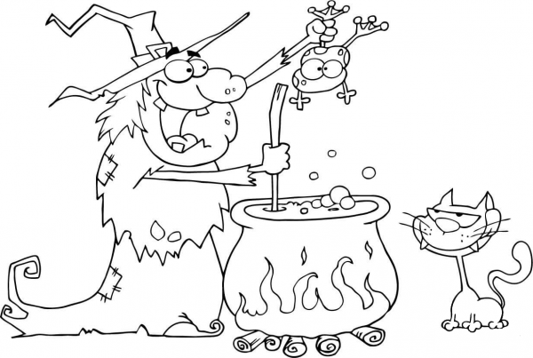 Crazy Witch with Black Cat Holding a Frog and Preparing a Potion coloring page image