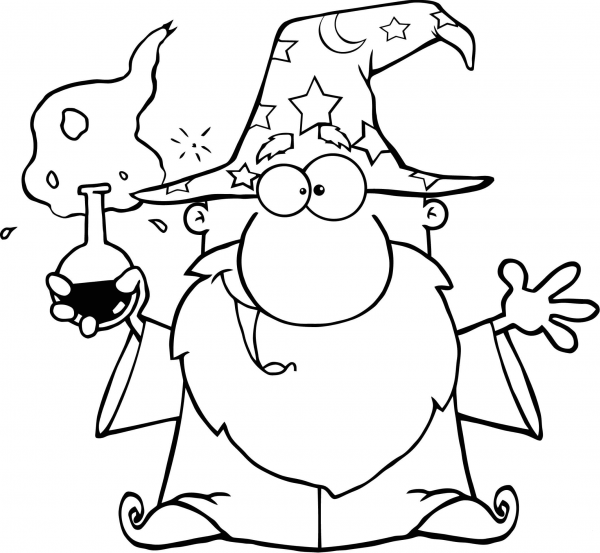 Crazy Wizard Holding a Green Magic Potion coloring page image