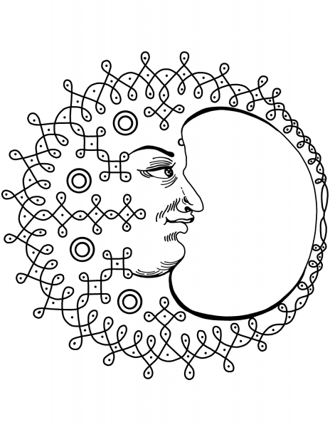 Crescent Moon with Face coloring page image