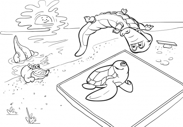 Crocodile and Turtle are Trampolining coloring page image