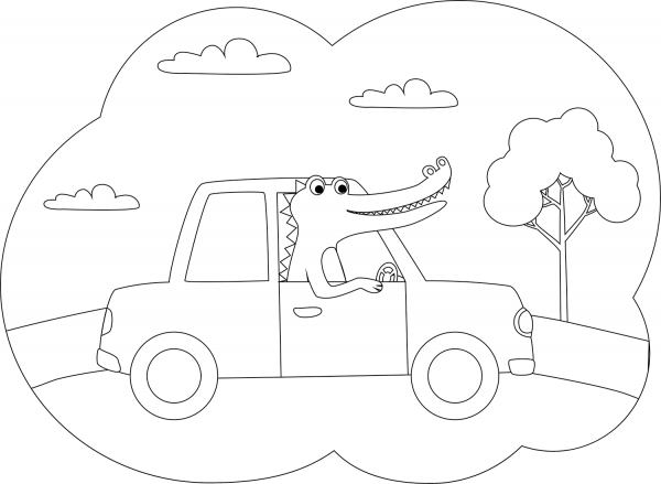 Crocodile driving a Car coloring page image