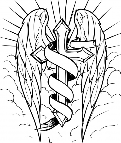 Cross with Wings in the Clouds coloring page image