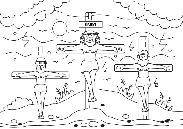 Crucifixion of Christ Jesus on the Cross and Two Thieves coloring page image