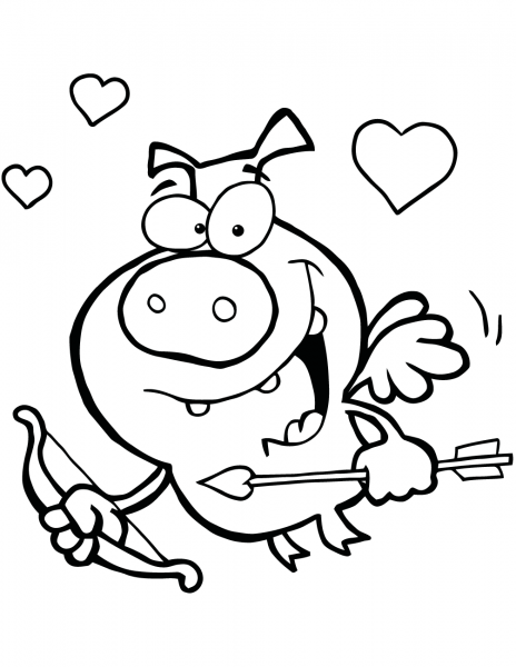 Cupid Pig Flying with Bow and Arrow coloring page image