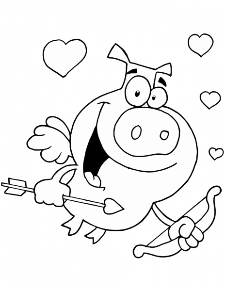 Cupid Pig Flying with Hearts coloring page image