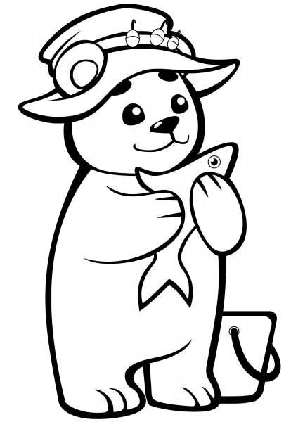 Cute Baby Bear with Fish coloring page image
