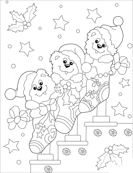 Cute Bears in Christmas Socks coloring page image