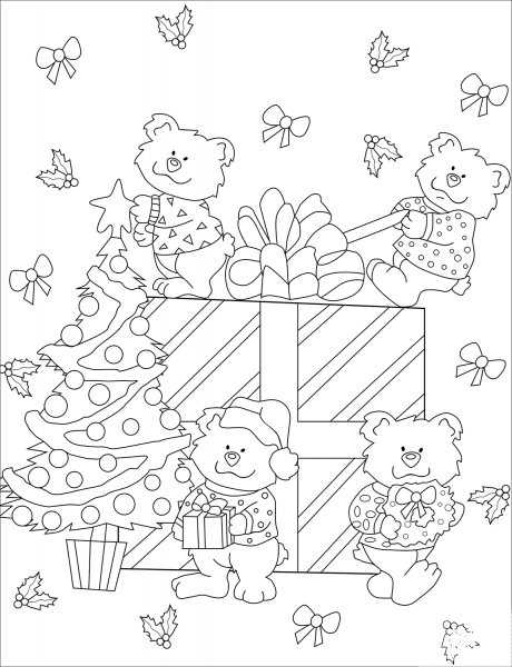 Cute Bears with Big Christmas Gift Box coloring page image