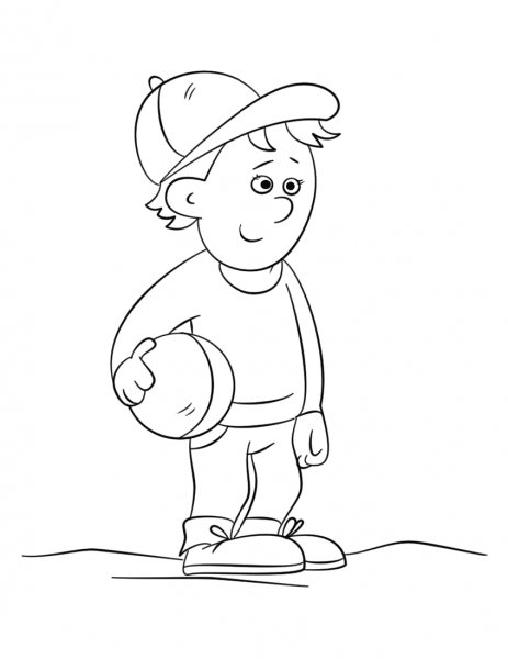 Cute Boy Holding a Ball coloring page image
