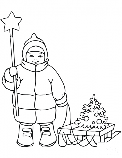 Cute Boy with Christmas Star and Sled coloring page image