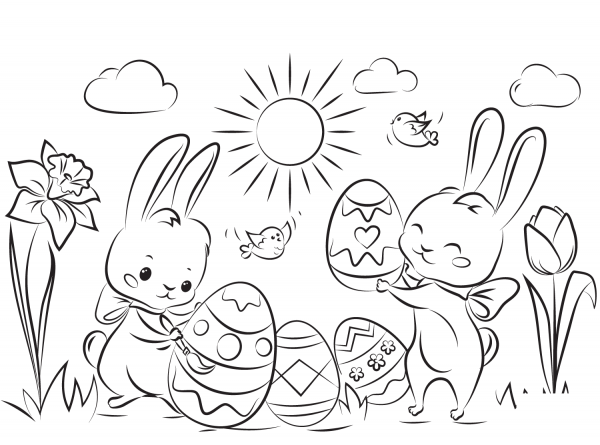 Cute Bunnies with Easter Eggs coloring page image