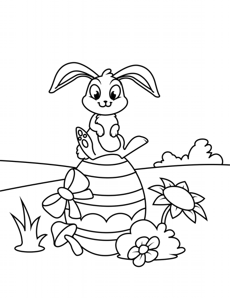 Cute Bunny Sitting on Easter Egg coloring page image