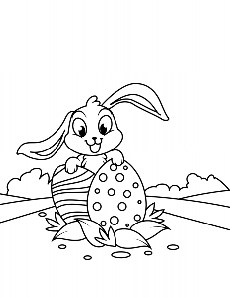 Cute Bunny with Two Easter Eggs coloring page image