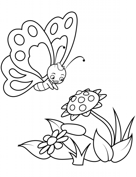 Cute Butterfly and a Sunflower coloring page image