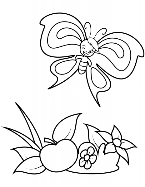 Cute Butterfly Boy and a Big Apple coloring page image