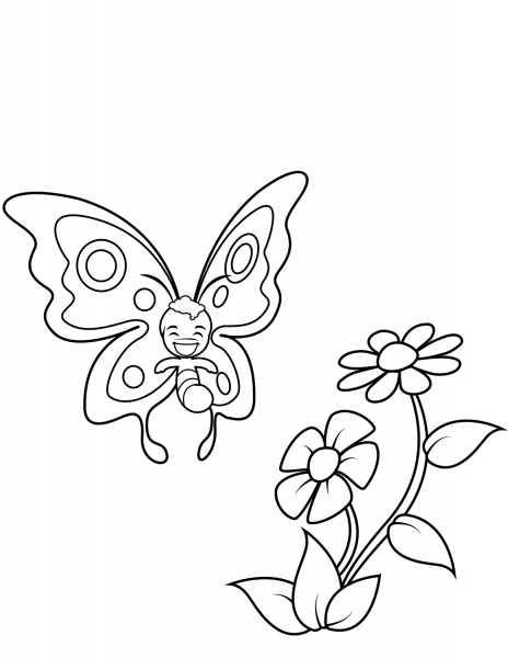 Cute Butterfly Boy and Two Big Flowers coloring page image