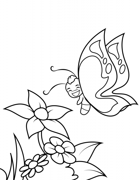 Cute Butterfly Boy Flies over Flowers coloring page image