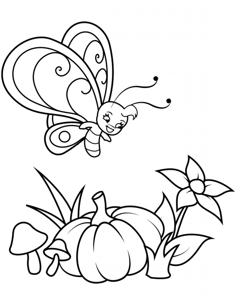 Cute Butterfly Boy Flies over Pumpkin coloring page image