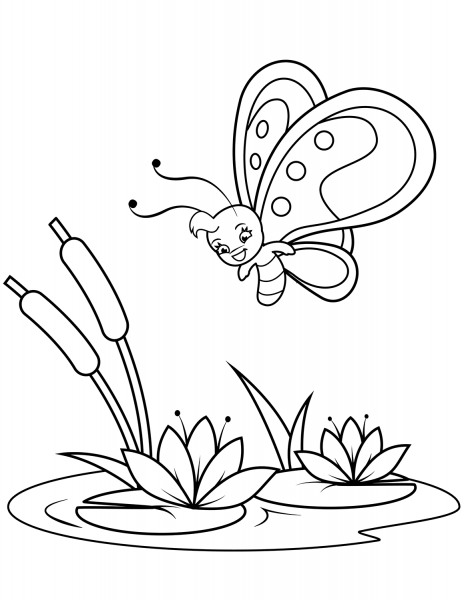 Cute Butterfly Flies over Reeds and Water Lilies coloring page image