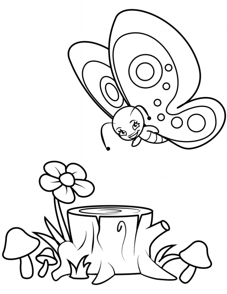 Cute Butterfly Flies over the Stump coloring page image