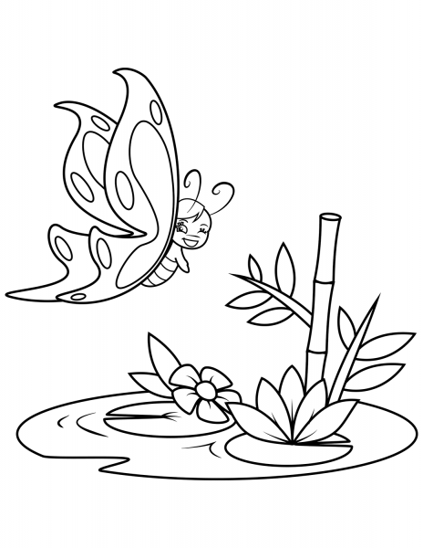 Cute Butterfly Flies over the Swamp coloring page image