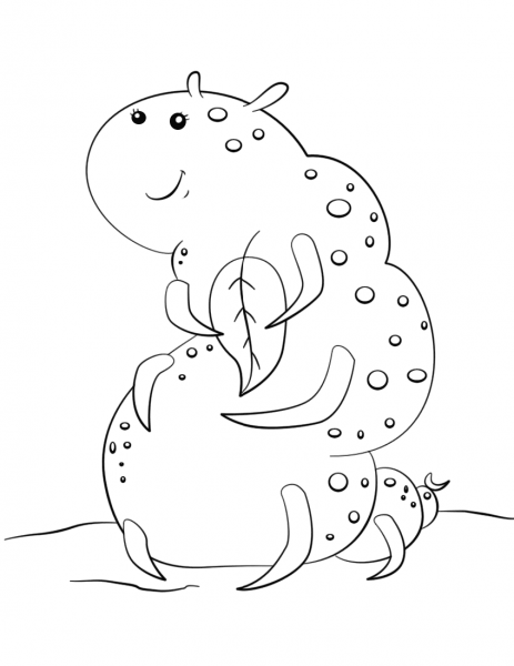 Cute Cartoon Caterpillar Holding a Leaf coloring page image