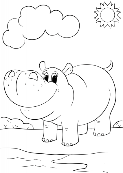 Cute Cartoon Hippo coloring page image