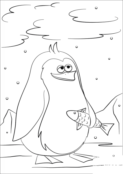 Cute Cartoon Penguin Holding a Fish coloring page image