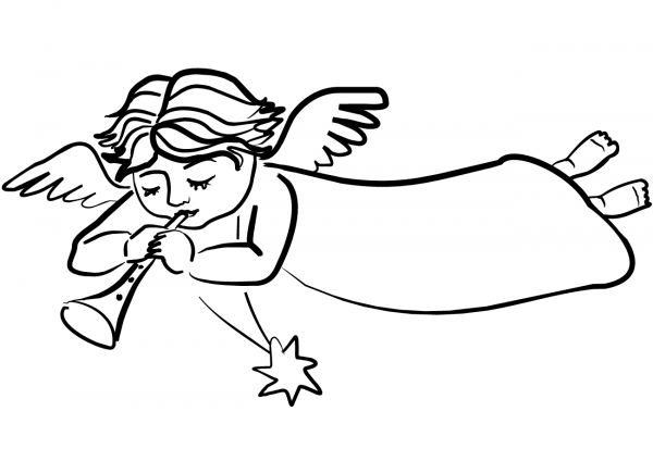 Cute Christmas Angel with Trumpet coloring page image
