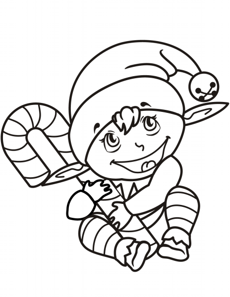 Cute Christmas Elf with Candy Cane coloring page image