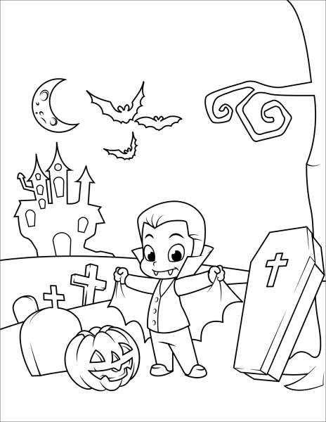 Cute Count Dracula in the Cemetery coloring page image